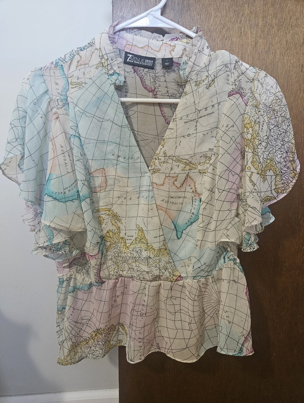 7th Avenue New York & Company Semi-Sheer Map-Print Ruffle Blouse Size S